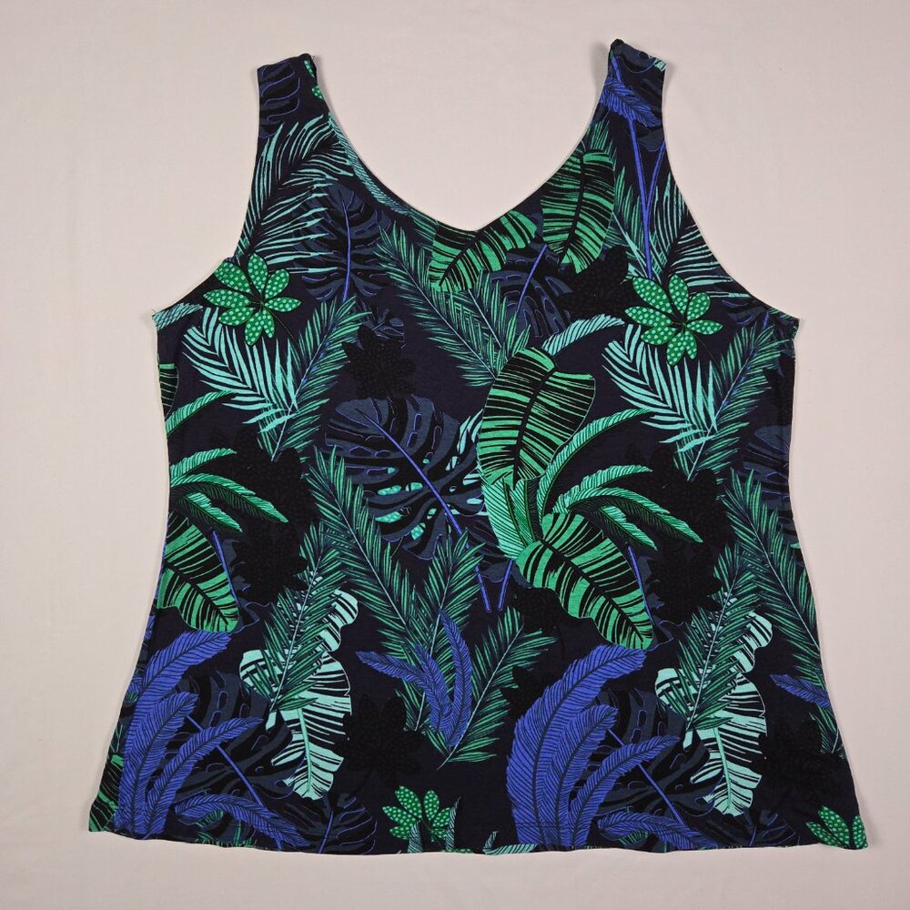 Ellos Tropical Leaf Print Tank Top Womens M Sleeveless Rayon Green Resort Boho‎ - Picture 6 of 10